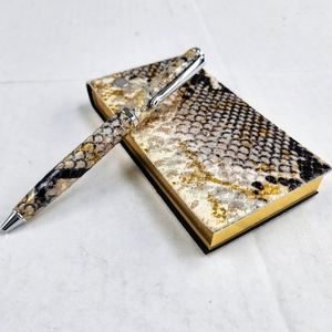 Graphic Image Refillable Gold Italian Leather Python Flip Pad Pen Set